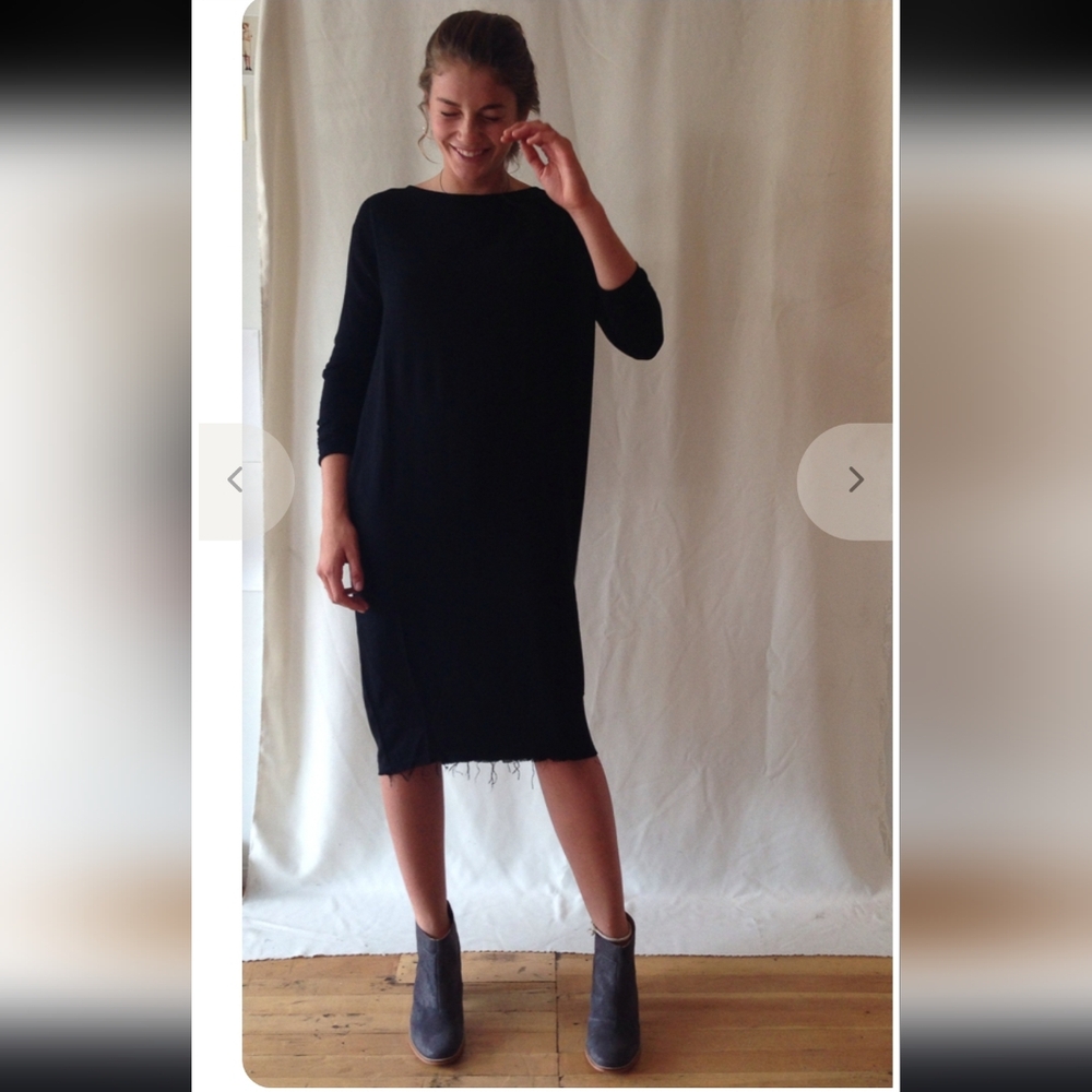 Black Crane Slim Oversized Dress Artsy Avant Garde Midi Wool Blend Raw Hem S